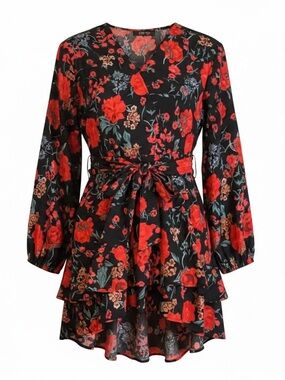 Floral V-Neck Wrap romper in Black with Red Floral Print